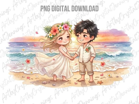 Beach Wedding Chibi Couple PNG for Creative Projects