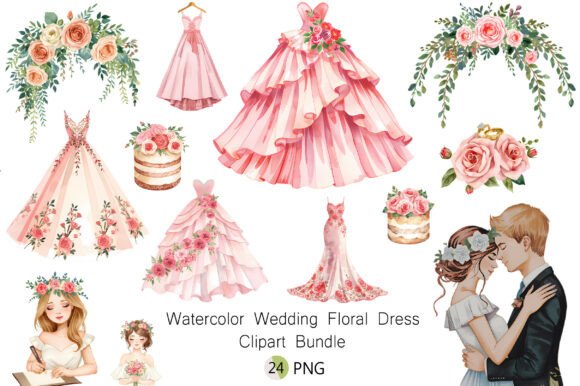 Elegant Watercolor Wedding Floral Dress Clipart for Romantic Designs