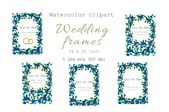 Watercolor Wedding Frame: Wreath Flower & Blueberry Berry