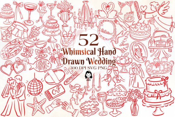 Whimsical Hand Drawn Wedding SVG PNG: 52 Designs for Your Projects
